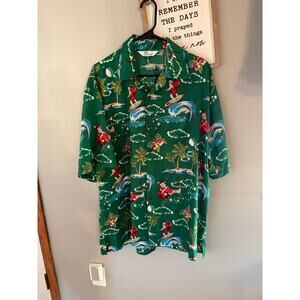Alvish Christmas Surfing Santa Claus Hawaiian Green Button Up Shirt Men's 2XL